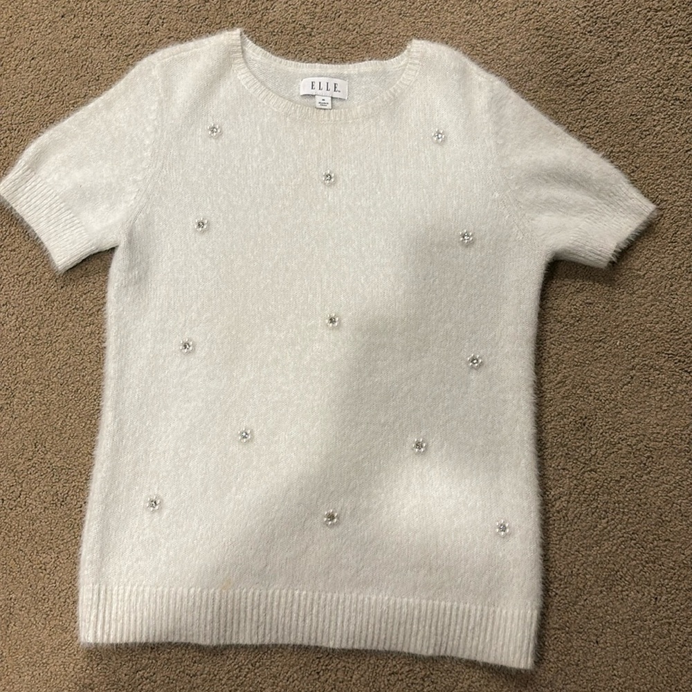 Holiday sweater. Soft , white with embellished pearls and rhinestones.